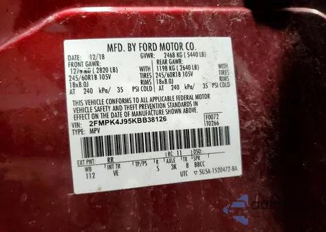 2019 Ford Edge Sel from USA, damaged, VIN 2FMPK4J95KBB38126